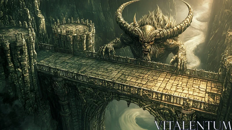 Colossal Monster on Ancient Bridge AI Image