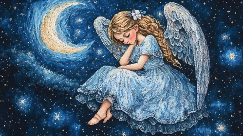 Celestial Angel Resting on Moon