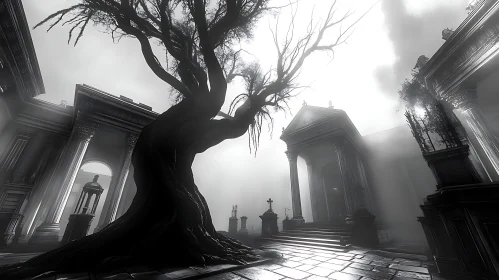 Monochrome Graveyard Scene with Ancient Tree