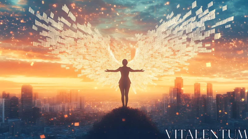 AI ART Silhouette with Wings in Sunset City