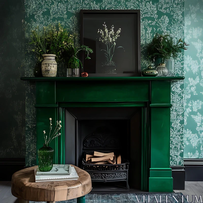 AI ART Stylish Interior with Green Fireplace