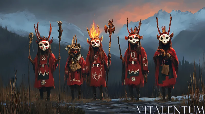 Solemn Figures in Masks and Red Robes AI Image