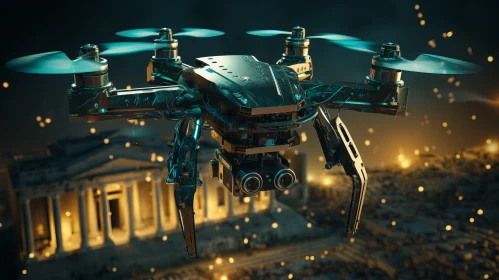 Futuristic Drone over Ancient Building with Night Lights