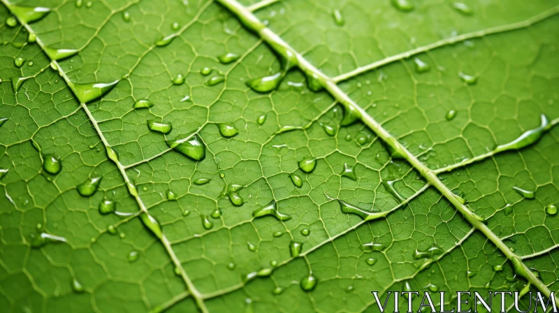 Nature's Essence Captured: Green Leaf with Water Droplets AI Image