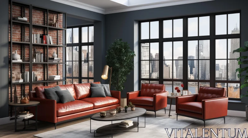 New York Style Living Room with Red Leather Furniture AI Image