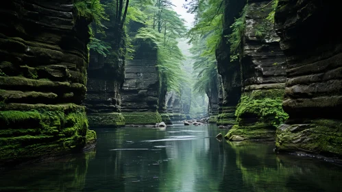 Tranquil River in Moss-Covered Canyon | Midwest Gothic Symmetry