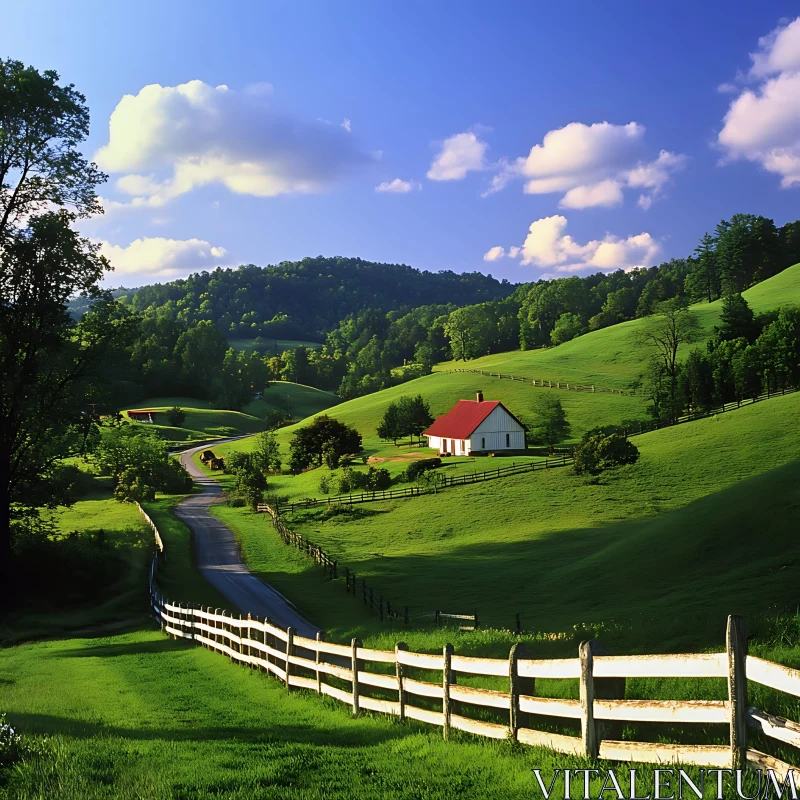 Scenic Countryside View of Farm and Hills AI Image