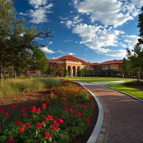 Architectural Harmony: Building, Flowers, and Winding Path