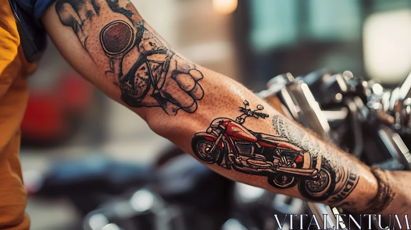 Intricate Arm Tattoo of Red Motorcycle AI Image