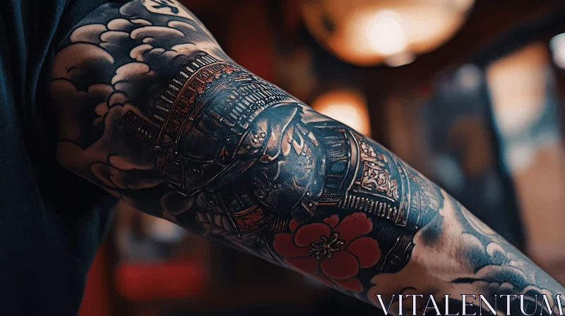 Detailed Arm Tattoo with Architecture and Floral Design AI Image