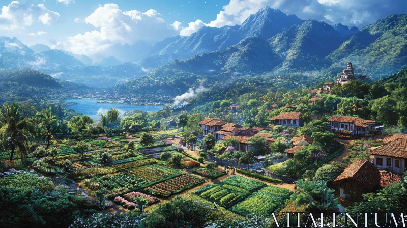 AI ART Scenic Village with Mountain View