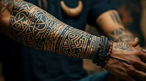 Detailed Tribal Arm Tattoo with Wristbands