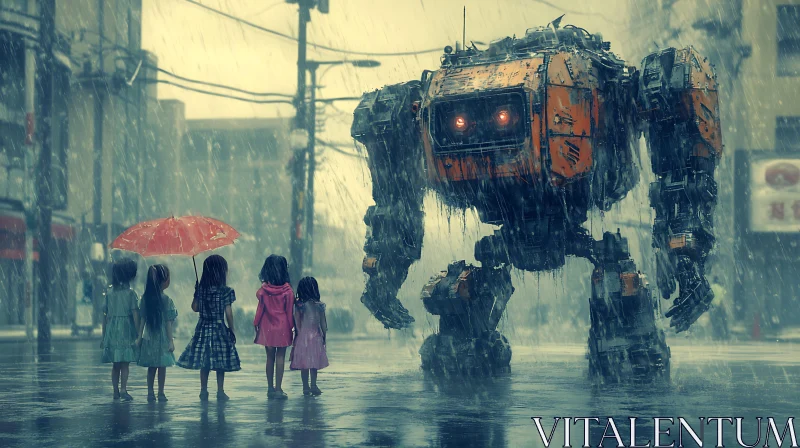 Robot Encounter on a Rainy Day AI Image