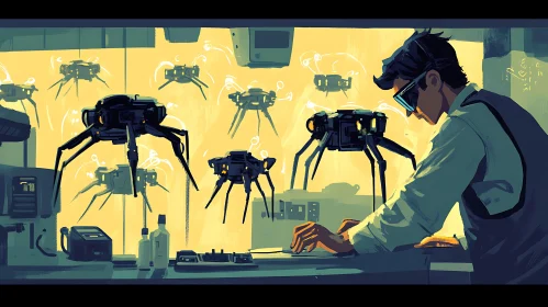 Scientist and Robotic Insects in Lab