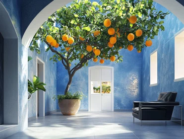 Serene Interior with Orange Tree Accent