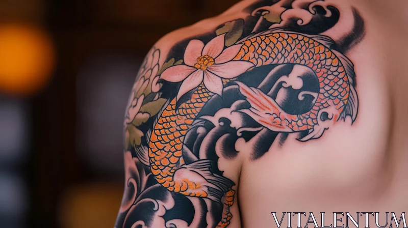 Elegant Koi Fish and Floral Tattoo on Shoulder AI Image