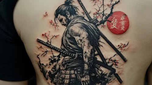 Samurai and Cherry Blossoms Back Tattoo