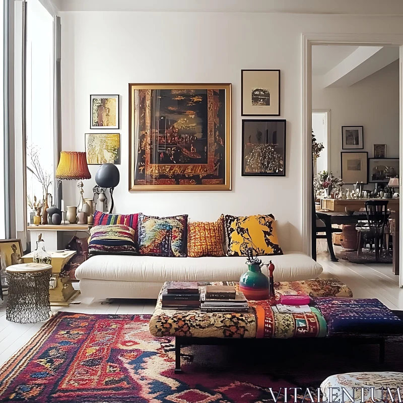 Cozy Interior with Patterned Rug and Pillows AI Image