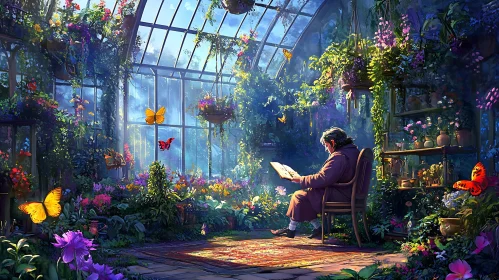 Greenhouse Reader Surrounded by Butterflies