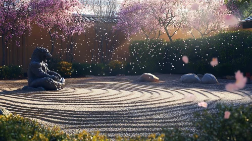 Zen Garden with Wolf Statue and Flowers