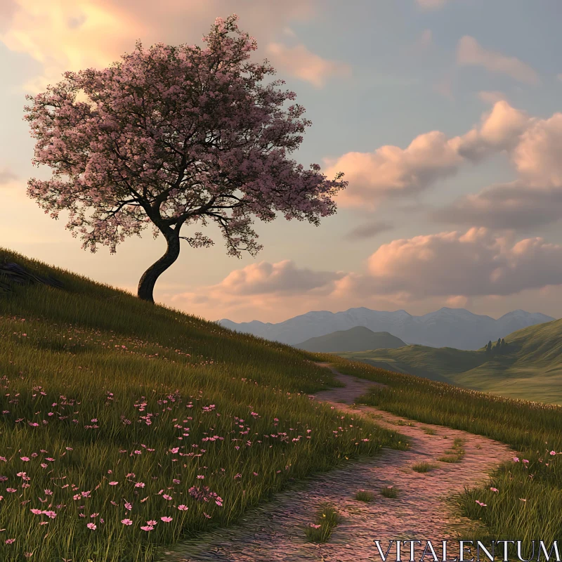 AI ART Pastel Sky and Blossoming Tree on Hill