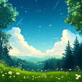 Starry Night Landscape with Meadow