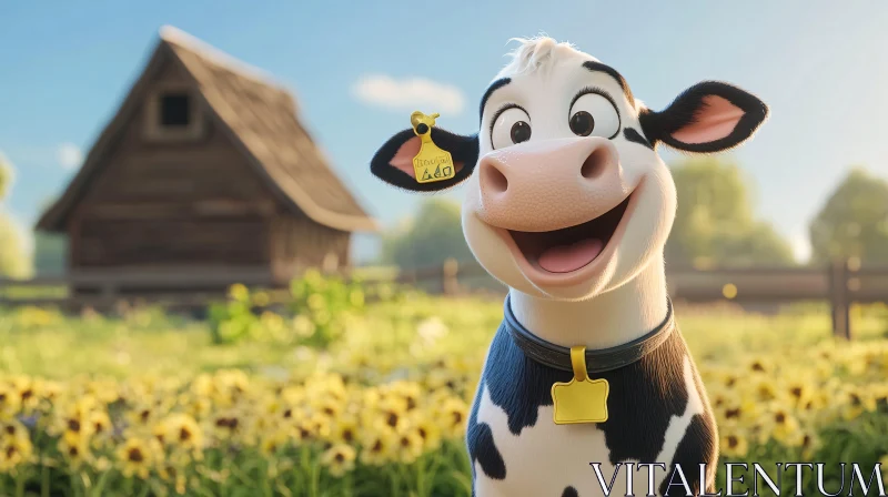 Happy Cow in Summer Meadow AI Image