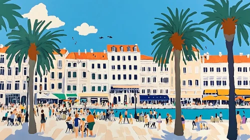 Lively Waterfront Scene with Buildings and Palms