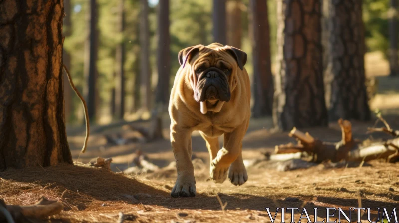 Emotion-charged Bulldog Dashing through a Woodland AI Image