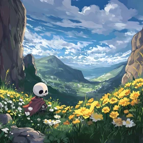 Cartoon Skull with Flowers and Mountains