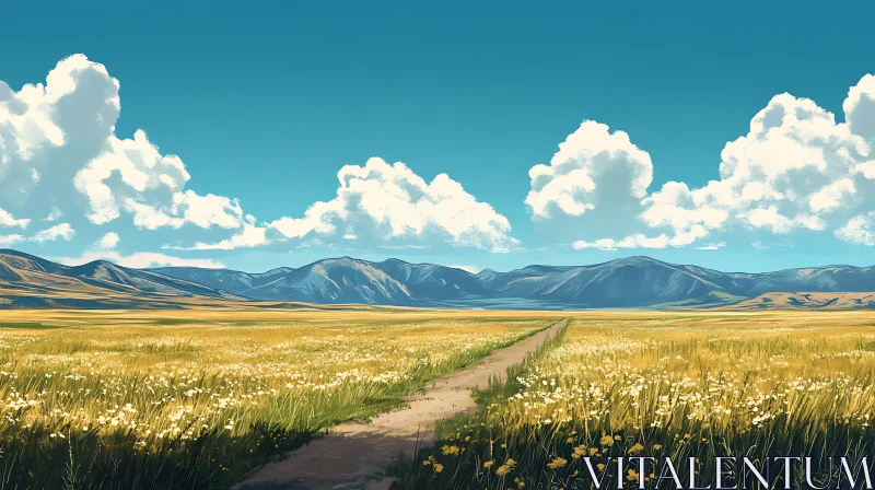 Golden Field and Mountain Landscape AI Image