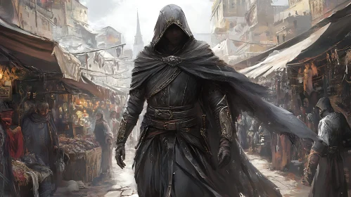 Hooded Figure in Medieval Market