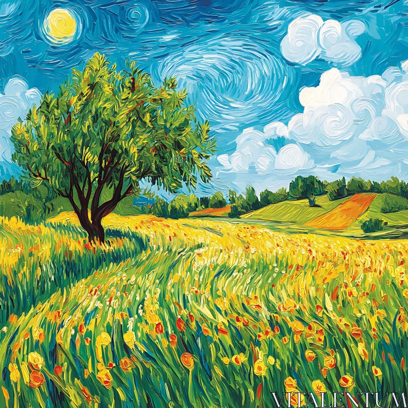 AI ART Floral Field and Solitary Tree