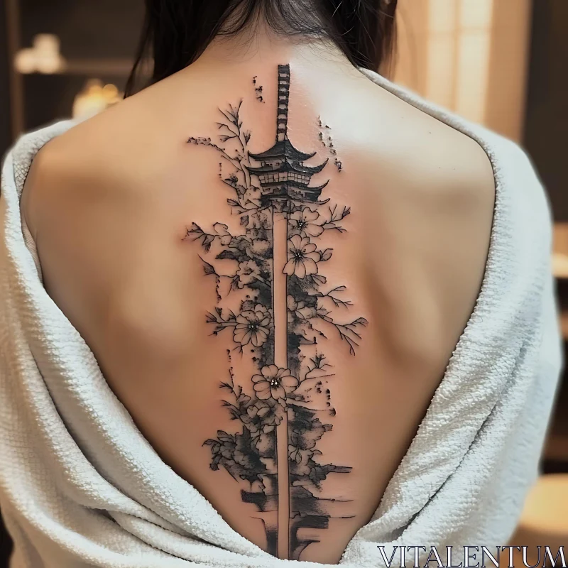 Floral Tattoo Featuring Pagoda on Back AI Image