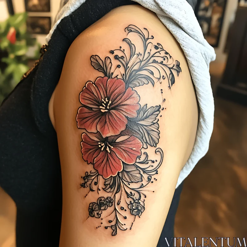 Intricate Red Flower Arm Tattoo AI Image