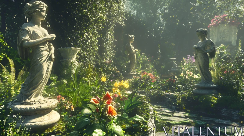 AI ART Statues in a Lush Floral Garden