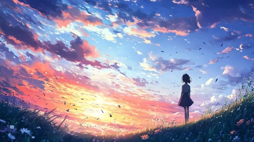 Contemplative Sunset Scene with Anime Character