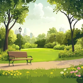 Green Park with Bench and Flowers