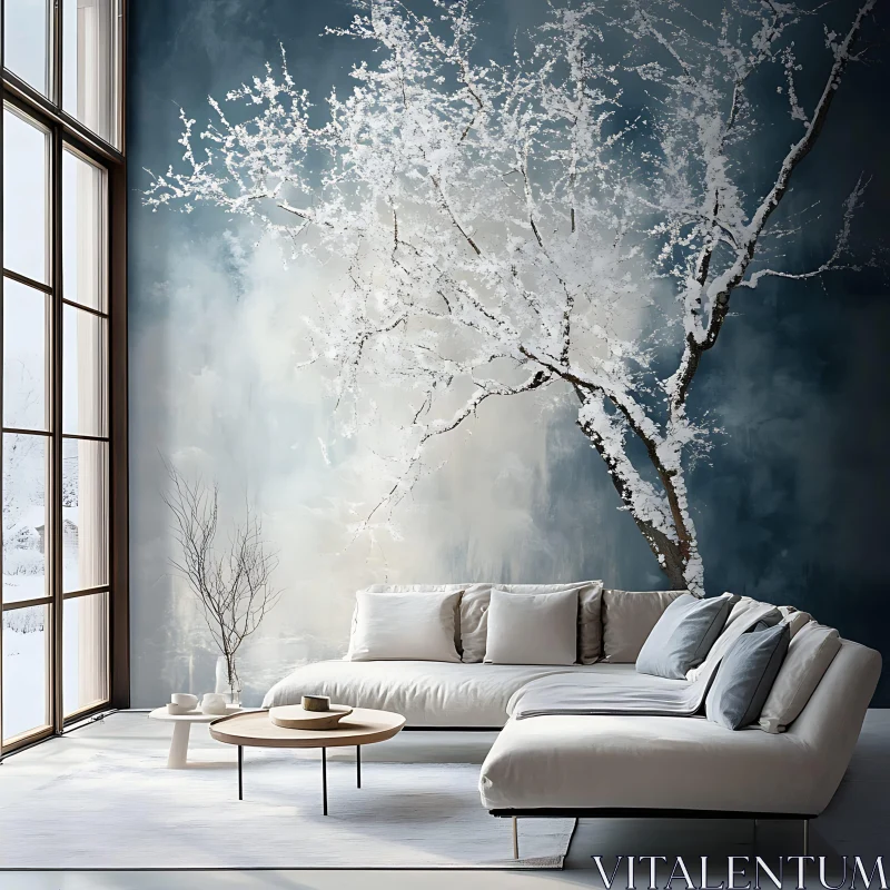 Minimalist Interior with Winter Tree Art AI Image