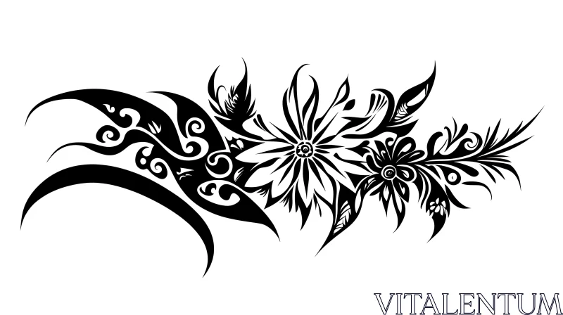 Artistic Black Ink Tattoo with Floral and Tribal Elements AI Image