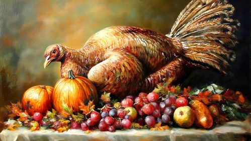 Autumn Harvest Turkey and Pumpkin Still Life