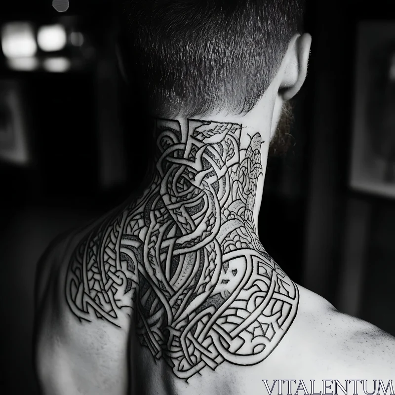 Detailed Black and White Neck Tattoo AI Image