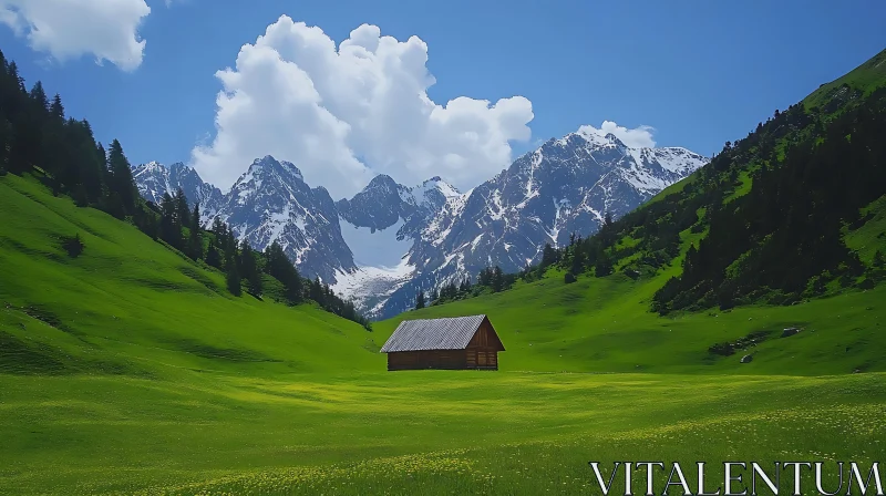 AI ART Cabin in Mountain Meadow with Snowy Peaks