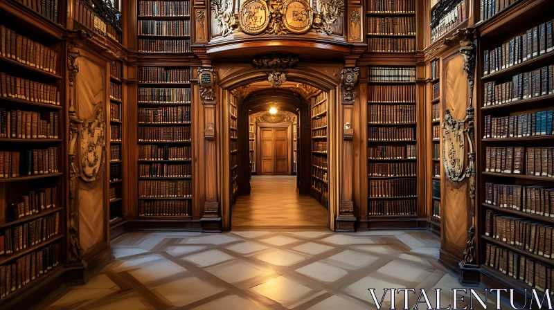 Vintage Library with Wooden Shelves AI Image