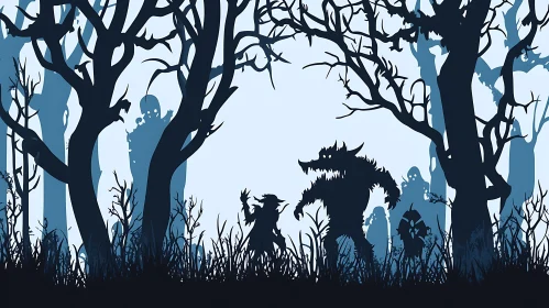 Silhouette of Witch and Werewolf in Forest