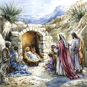 Watercolor Painting of the Nativity