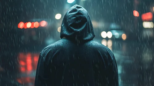 Hooded Figure in Rain Soaked City