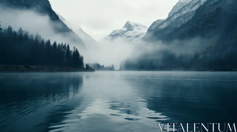 Misty Mountain Range Over Calm Waters - A Swiss Style Atmospheric Imagery AI Image