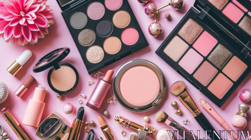 Stunning Makeup Flat Lay on Pink Background AI Image