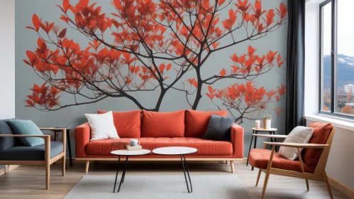 Stunning Red Tree Wall Mural in Vietnamese Style Interior